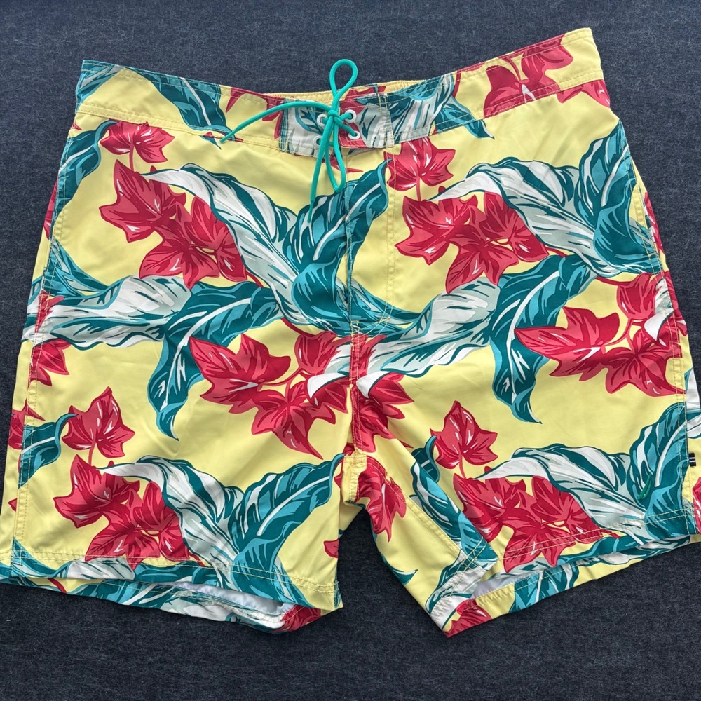 Nautica Mens Yellow Tropical Floral Print Swim Trunks Mesh Lined Size XXL Velcro